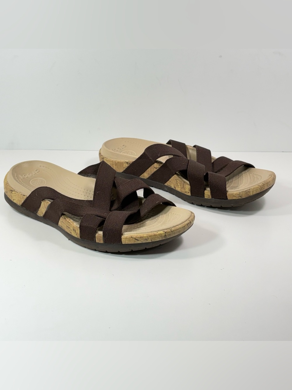 Crocs Edie Stretch Sandals Womens 9 Brown Criss Cross Strappy Comfort Slide